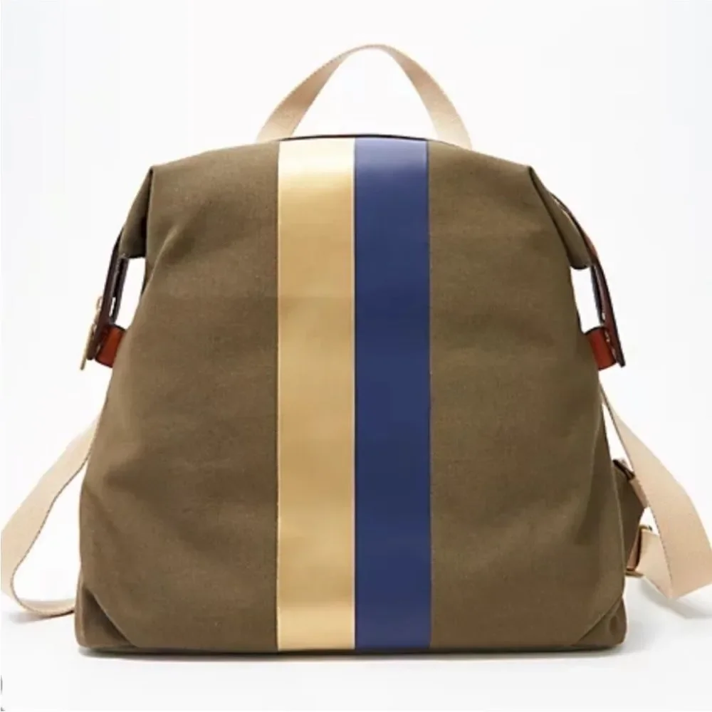 G.I.L.I. Leather Trim Canvas Backpack Olive Stripe Zip Top Adjustable Straps